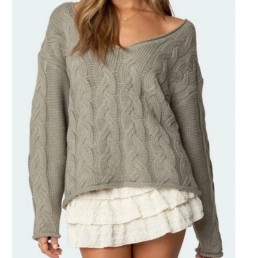 Suéter de punto de Cable para mujer, Jersey holgado de Color sólido con cuello en V profundo, jersey de manga larga, Tops de punto, ropa informal de invierno y otoño