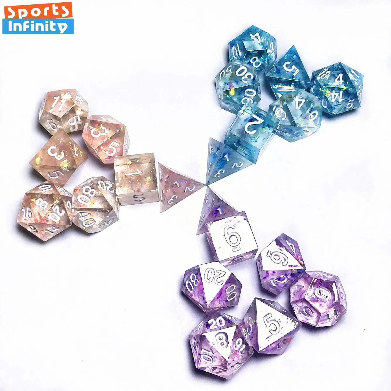 Resin Pointed Polyhedral Dice Transparent Colored Glitter Paper Filled D4 D6 D8 D10 D% 10 D12 D20 Dnd Dice Set TRPG Board Game