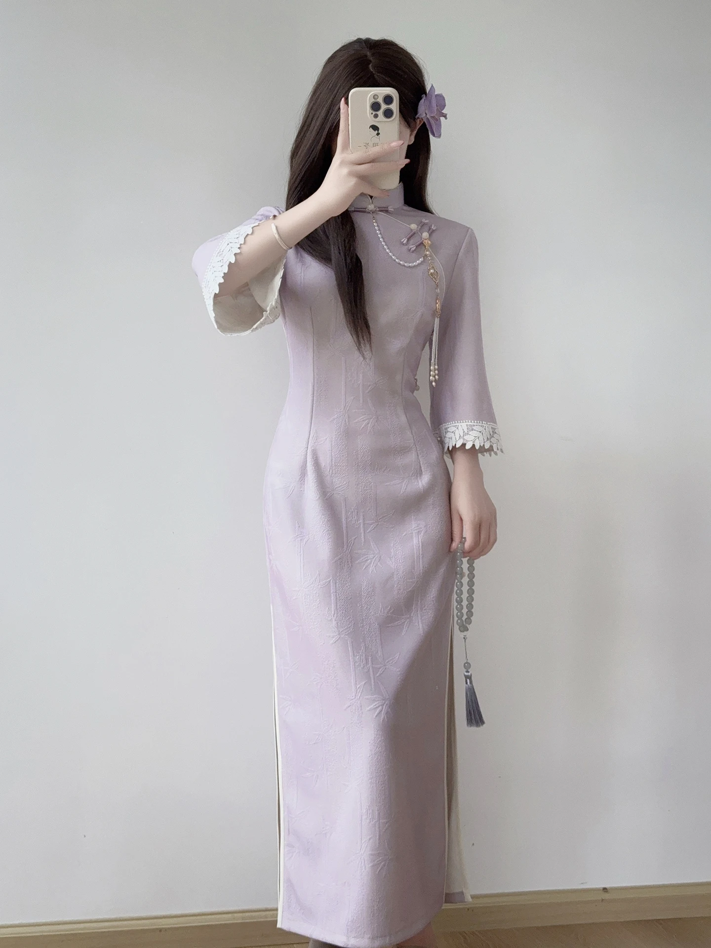 

Платье-ципао Ting Yue Ling Young Ele Purple Slimming Qipao Dr в китайском стиле, повседневное, длинное, с низким разрезом, для девочек