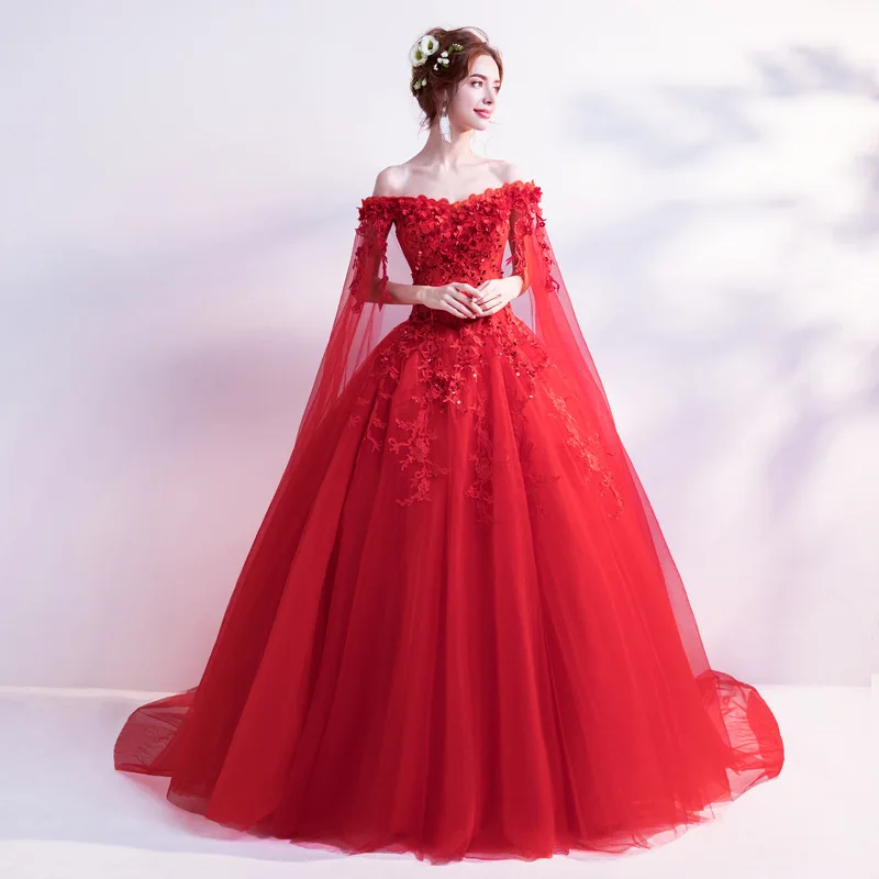 Long Wrap Red Of Shoulder Lady Girl Women Prom Dress Party evening Dress Performance Dress Wedding Sand Bridesmaid Guest Dress