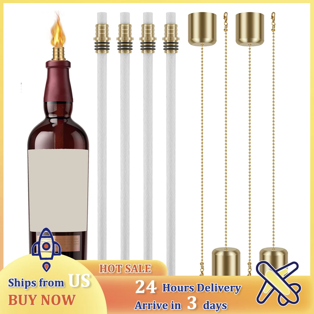 12Pcs Wine Bottle Torch Kit Garden DIY Wine Bottle Torch Décor with 4 Torch Wicks 4 Brass Torch Wick Holders and 4 Brass Covers