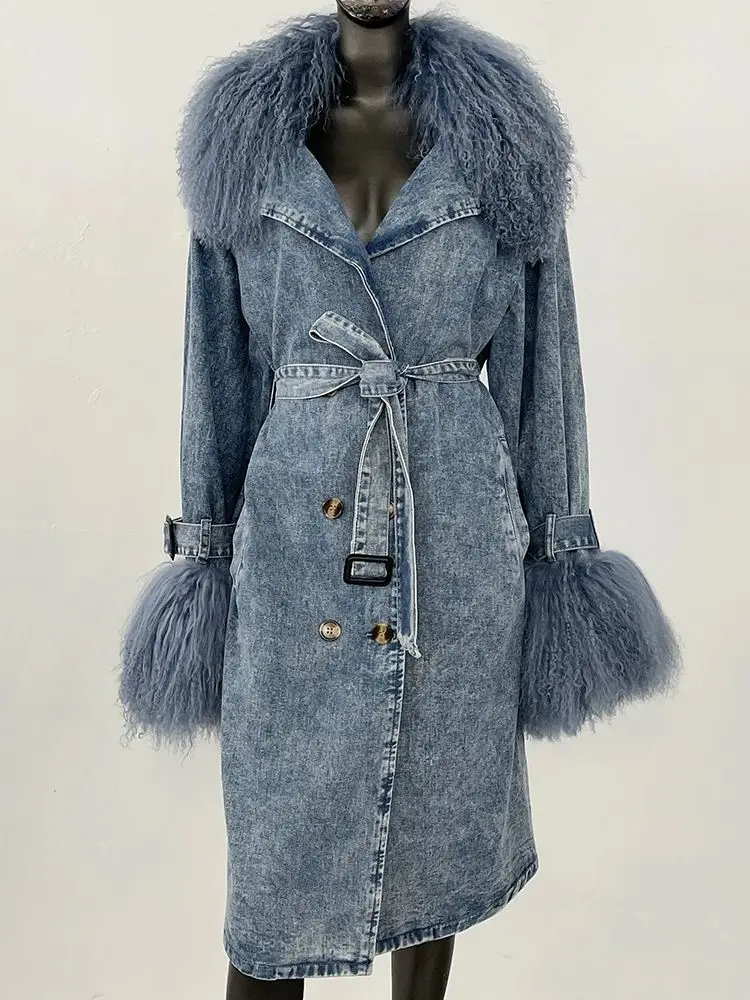 جديد 2025 معطف الشتاء الإناث النساء ريال منغوليا الأغنام الفراء الدنيم سترة كبيرة ريال الفراء طوق الملابس حزام طويل الجينز سترة