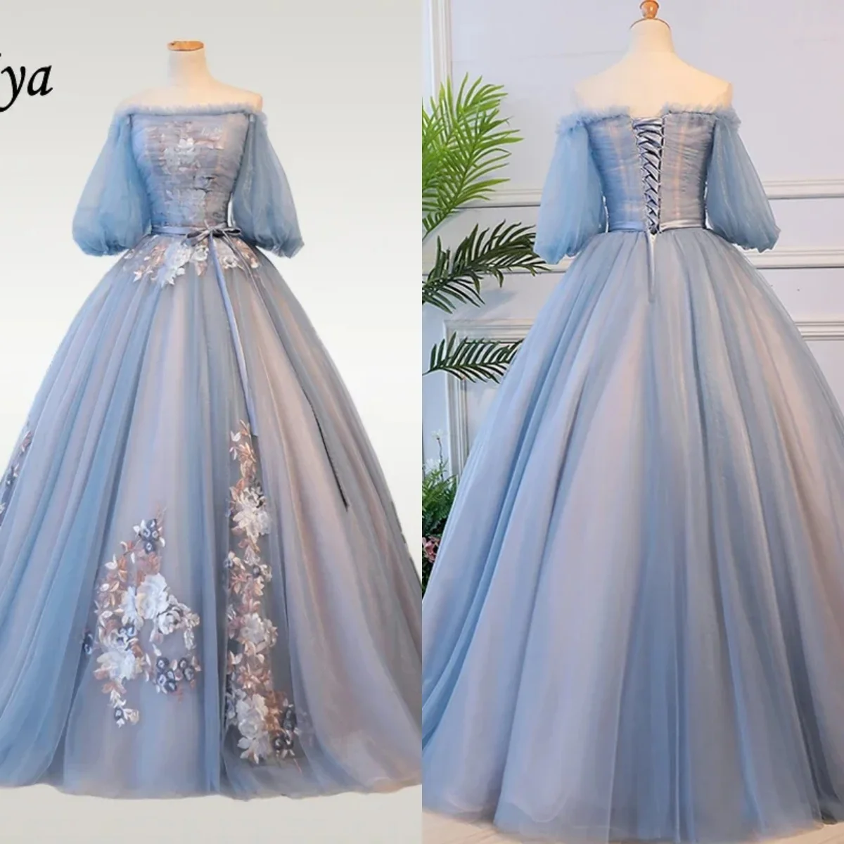 Evening Dress Haze Blue Lantern Sleeves Bow Lace up Plus Size Princess Floor Length Robe De Mariee Women Party Formal Gown CH069