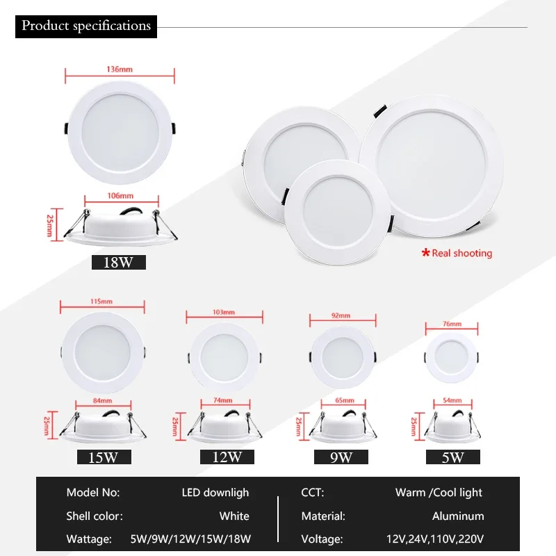 Imagem -02 - Recesso Lâmpada do Teto Led Painel Down Lights Downlight para Sala de Estar Iluminação ac 110v 220v dc 12v 24v 5w 9w 12w 15w