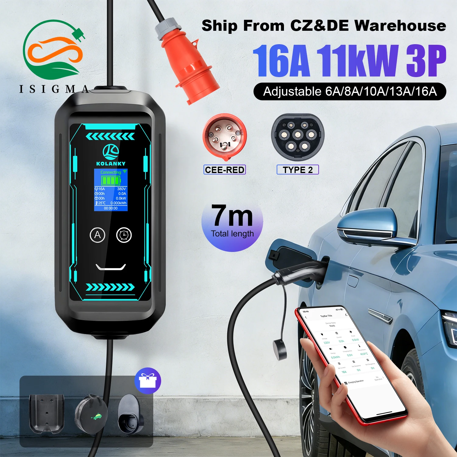Caricatore EV Portatile ISIGMA Tipo 2 11kW 16A IEC62196-2 Wallbox con Controllo Tramite App Tuya, Totale 7M per Auto Elettriche