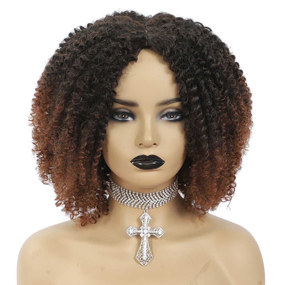 Women's Short Afro Kinky Curly Wigs Ombre Brown Synthetic Middle Part Hair Black Daily Party Headgear with Clips