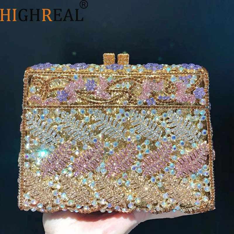 

Leaf Diamond Evening Bags Women Gorgeous Elegant Ladder Shaped Rhinestone Metallic Purses And Handbags Wedding Party