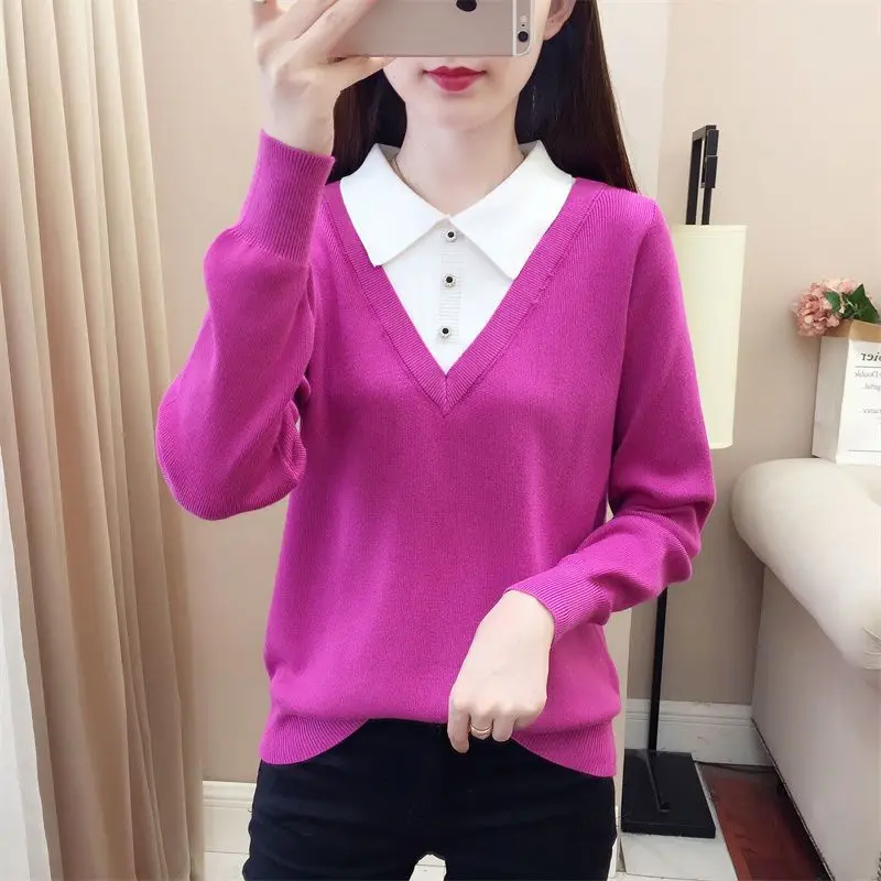 

Korean Fashion Spliced Fake Two Pieces Knitt Blouse Woman 2022 Autumn New Office Lady Casual Commute All-match Lapel Basic Shirt