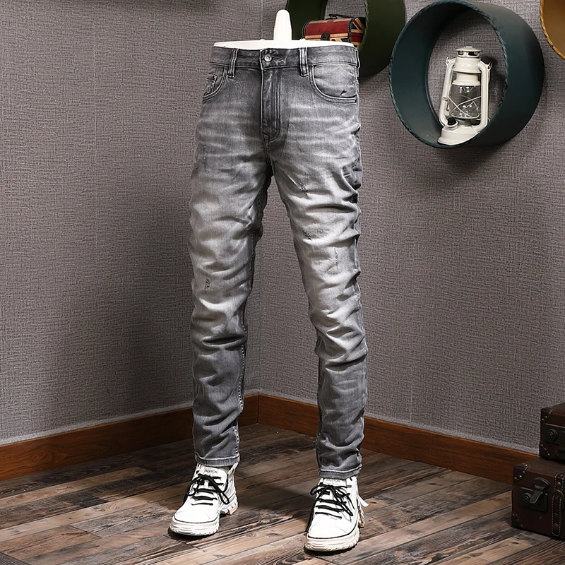 European Vintage Fashion Men Jeans High Quality Retro Gray Elastic Slim Fit Ripped Jeans Men Casual Designer Denim Pants Hombre