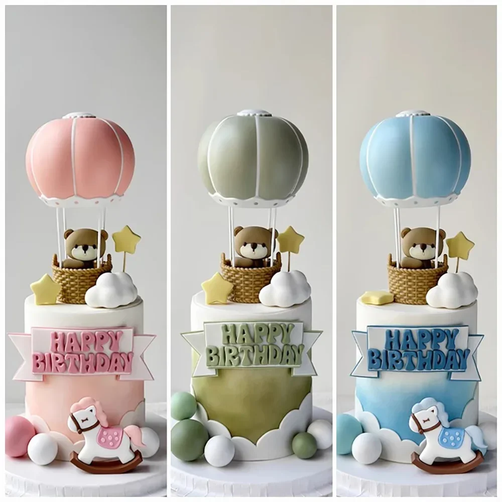 Hot Air Balloon Bear Cake Topper Set Pink Blue Green for Baby Shower Kids Birthday Party Boy Girl Cake Decor Supplies Kit view 6