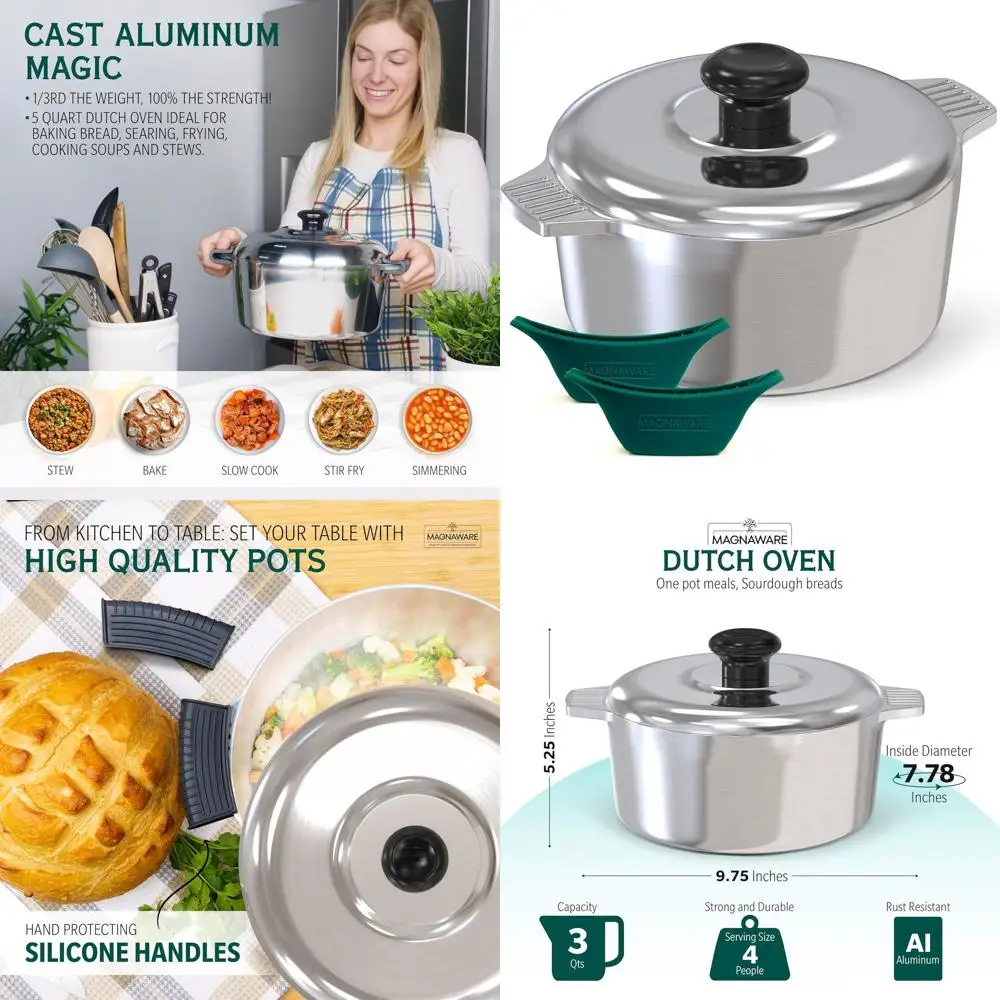 

3 Qt. Cast Aluminum Dutch Oven with Silicone Lid - Lightweight Cookware for Baking, Stews, and More