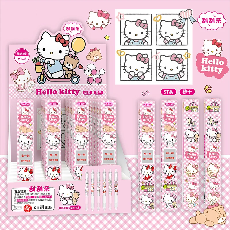 24 Uds Sanrio Hello Kitty chica de dibujos animados lindo gato Scratch Off Ticket creatividad caja ciega bolígrafo de clic bolígrafo Neutral bolígrafo de muestra versátil