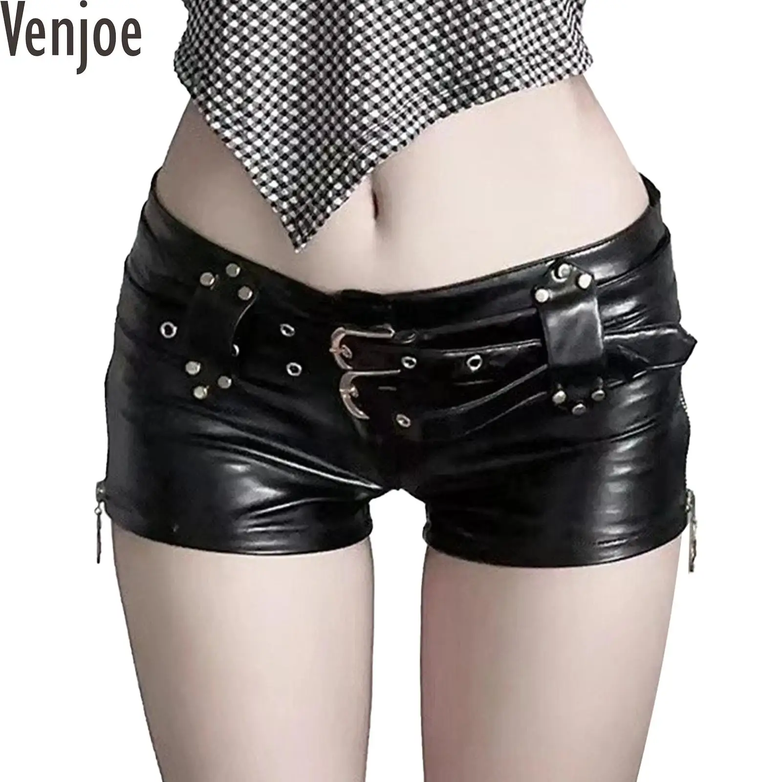 

Womens Wet Look PU Leather Shorts Hot Pants Sexy Low Rise Zipper Booty Shorts with Belts for Nightclub Raves Party Clubwear