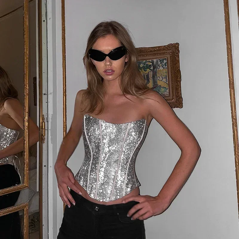 Shiny Lace-up Women Corset Strapless Tank Top Y2K Party Clubwear 2024 Spring Sexy Sleeveless Skinny Bandage Backless Outfits