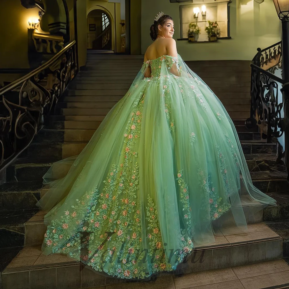 Valintimu Modern Ball Gown Quinceanera Dress Off the Shoulder with Cape Lace Appliques 15 Anos Vestido Customised Plus Size