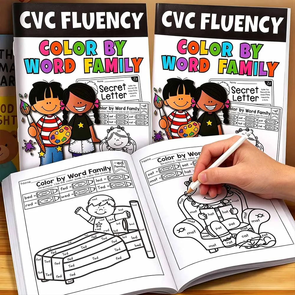 CVC Fluency Color by Word Family Book - Phonics Reading Practice Educational Activity Book for Preschool Kids
