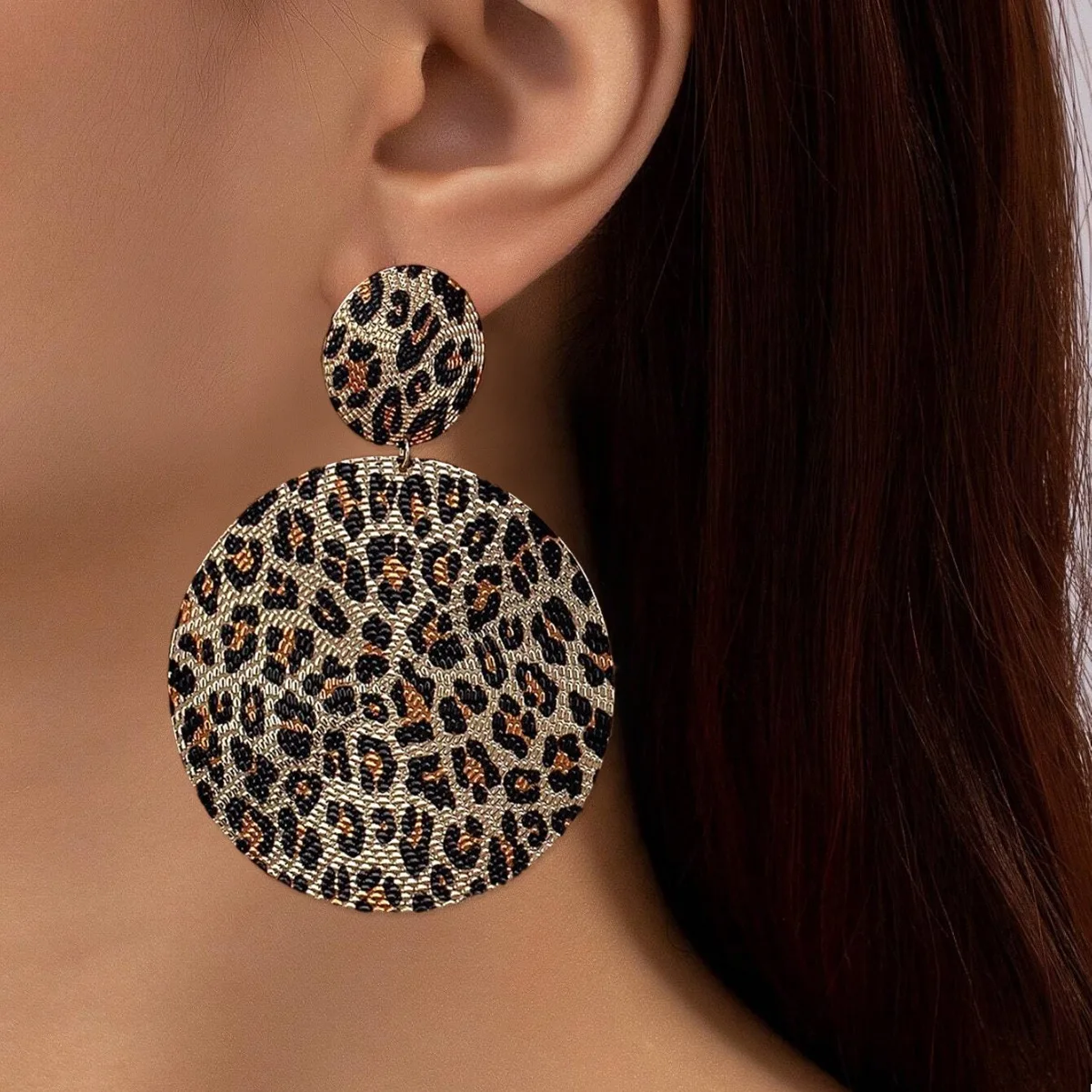 

Vintage leopard print geometric earrings, exaggerated large round dangles, retro stylish ear jewelry