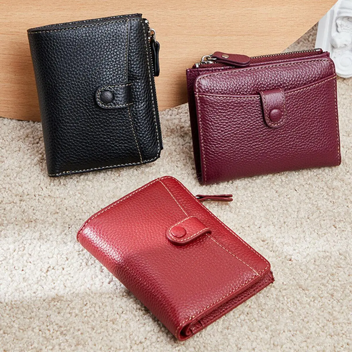 Women Zipper Wallet Short Genuine Leather Wallet Two-fold Thin Wallet Cowhide Buckle Small Coin Purse