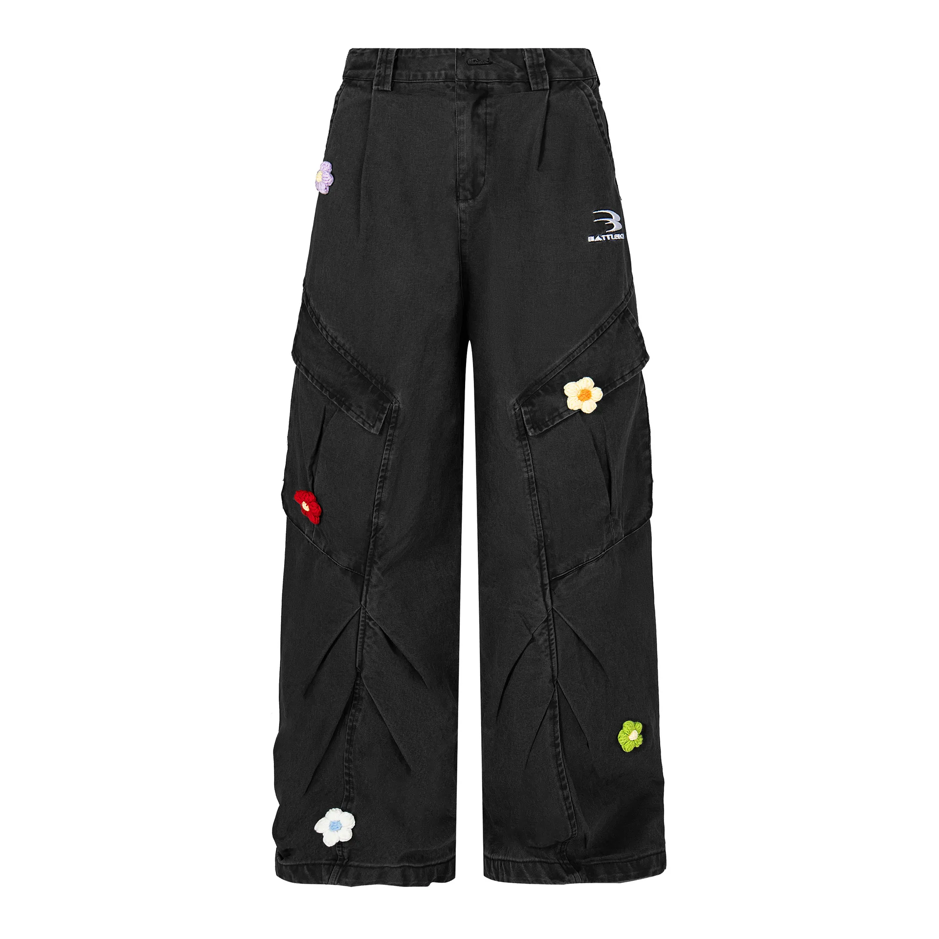 레트로 아메리칸 꽃잎 자수 크리에이티브 레터 웨이드 워크웨어 청바지 루즈 와이드 레그 남성 캐주얼 스트레이트 컷 코튼 데님