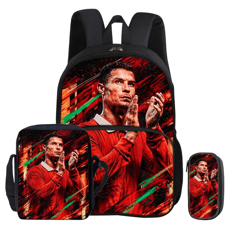 Ronaldo 3Pcs Set with Front Pocket Backpack Football Sport Shoulder Bag CR Football Star Pencil Bag Student School Bags Rucksack