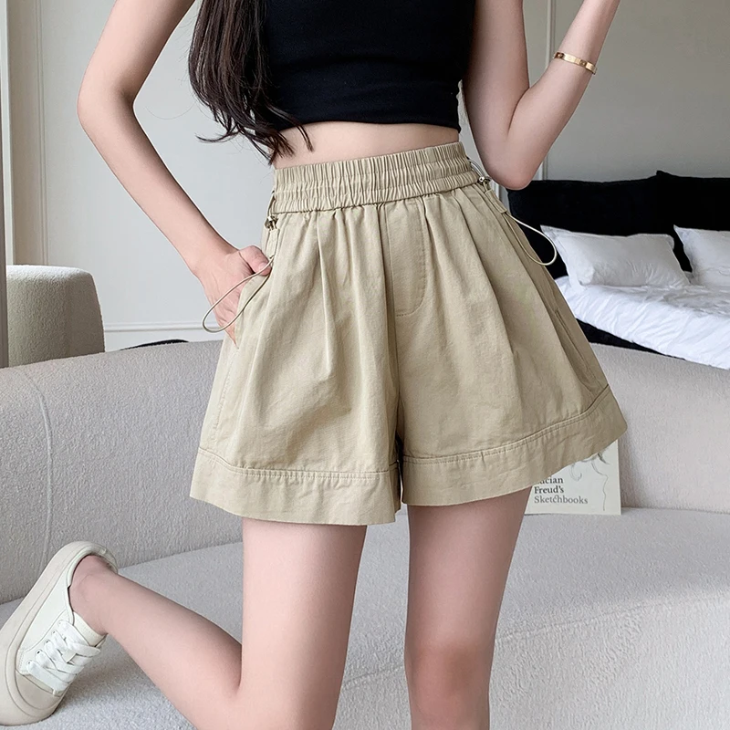 

Solid Color Casual Elastic High Waist Women Shorts 2023 Summer New A-line Wide Leg Shorts Female Fashion Loose Shorts