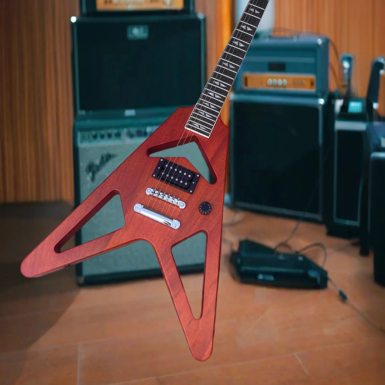 V Shape Electric Guitar Hollow Cutout Mahogany Body H Pickup Matte Reddish Brown Finish 6 String Guitar Delivery Included