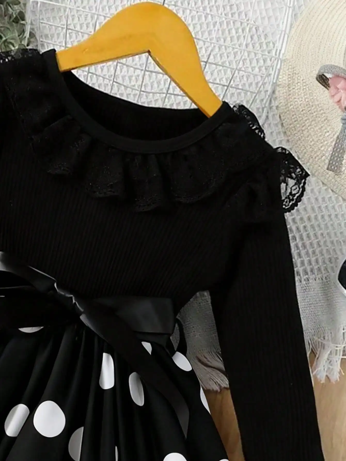 Sommerkleid für Kinder mit Rundhalsausschnitt und langen Ärmeln, elegantes, einfarbiges, gepunktetes Midikleid, lässig – Detail 5