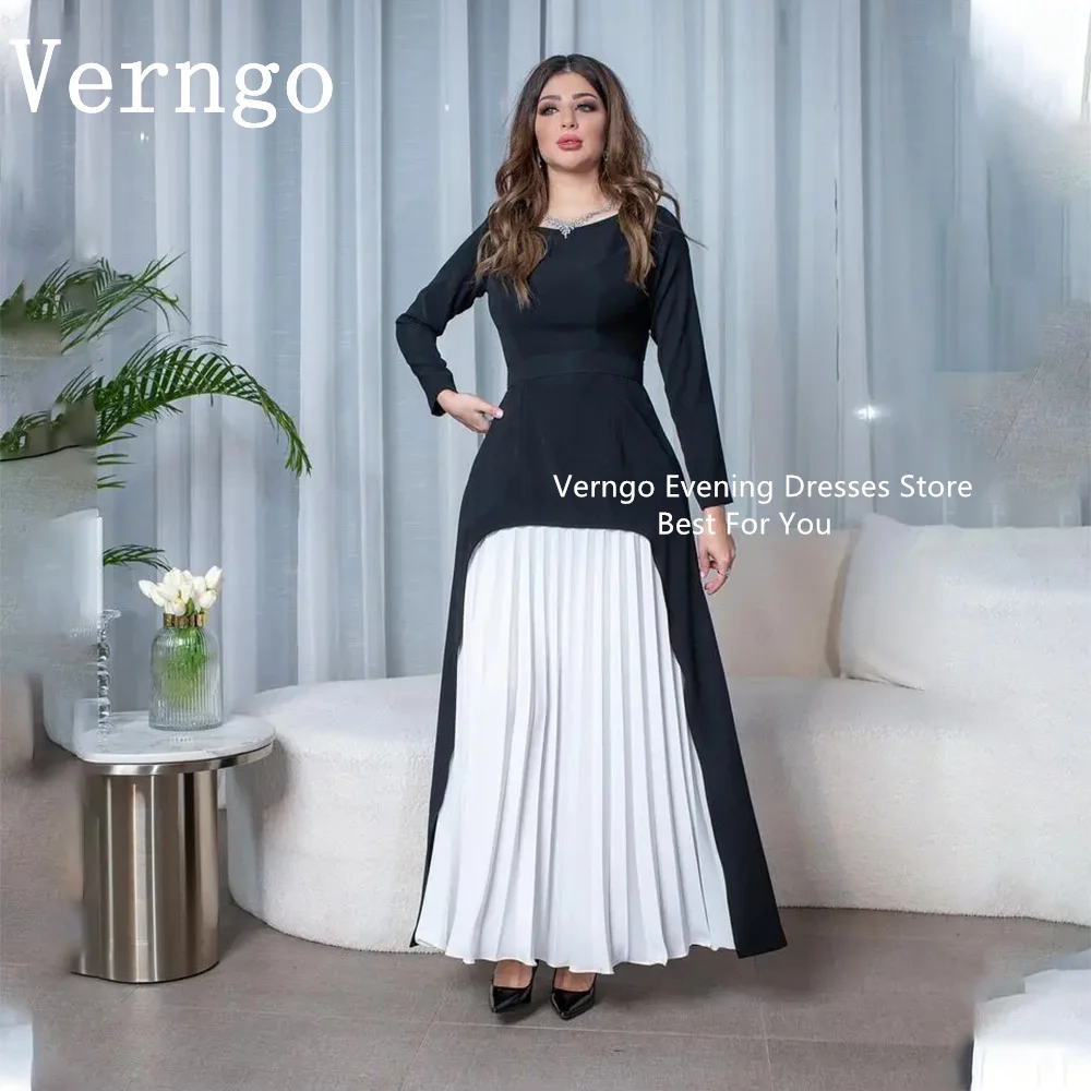 

Verngo Black Crepe Prom Dresses O Neck Vintage Dubai Party Dress Women Simple A Line Long Sleeves Dress For Formal Occasion