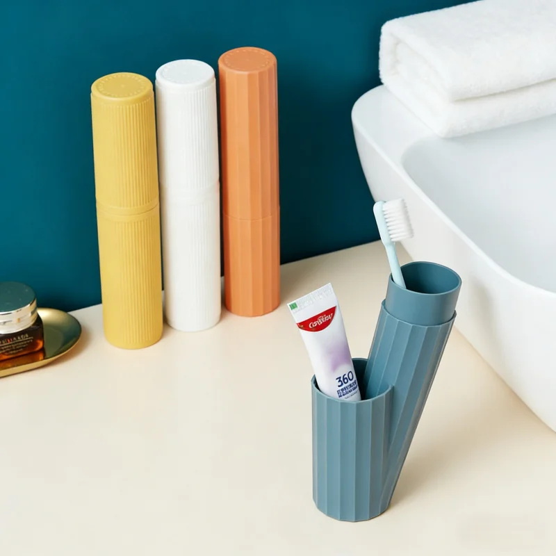 

Travel Toothbrush Storage Box for Men and Women, Portable Wash Cup Set, Striped Simple Mouthwash Cup, Essential for Business Tri