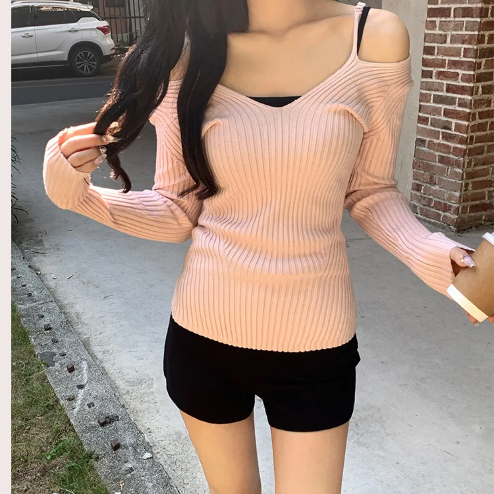 Women Pullovers Ins Knitted Straps Long Sleeve Fitting Korean Style Elegant Temperament Casual Tender Sweet Girls Breathable New