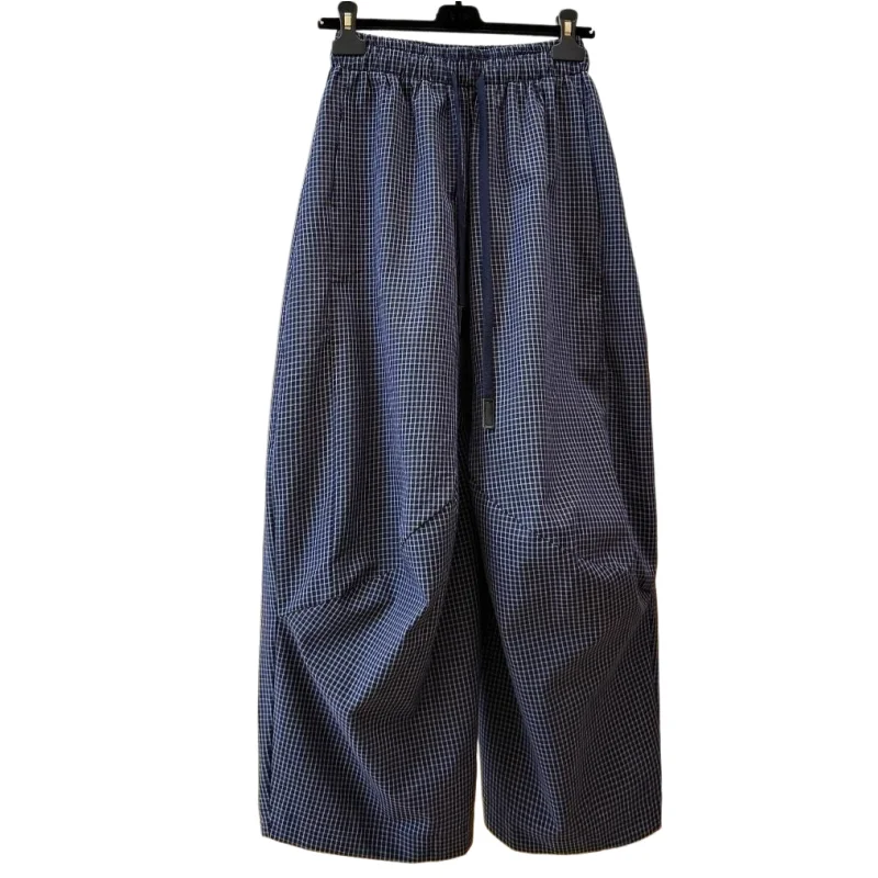 

Women's Retro Plaid Drawstring Casual Pants 2026 Summer New Fashionable Slouchy Stretch High-Waisted Wide-Leg Straight Trousers
