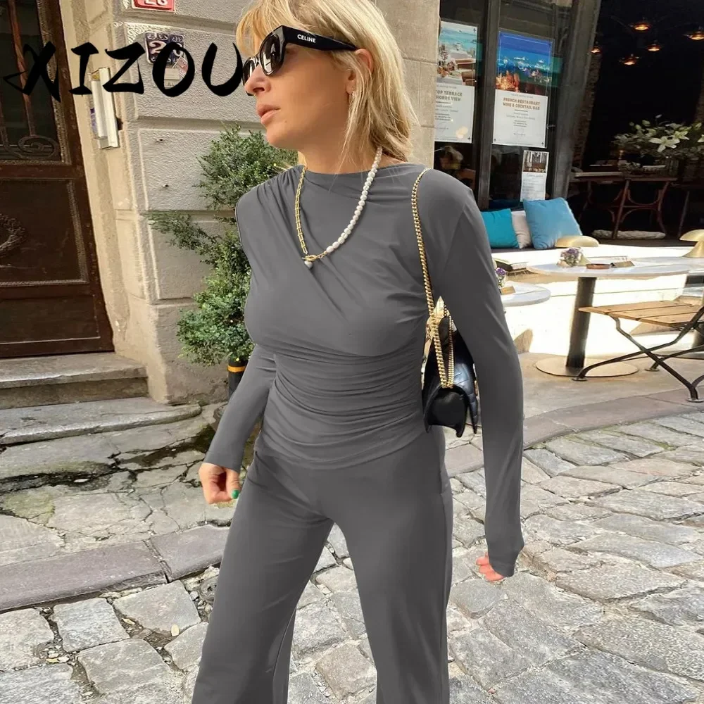 

XIZOU Two Piece Sets Autumn Winter Outfits Women Pleated Stretch Long Sleeve Tops + Long Flare Trousers Pants Suits Streetwear