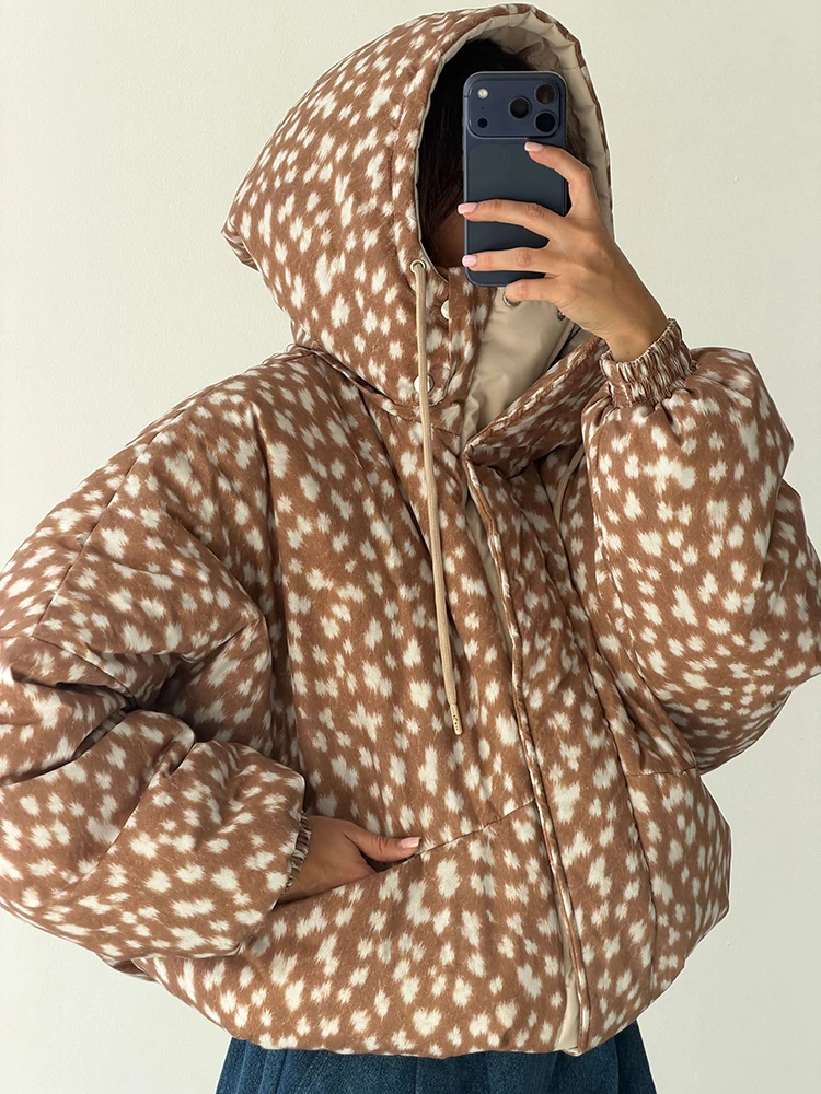 Retro Deer Spot Print Hooded Cotton Jacket Lady Drawstring Hood Zip Up Elastic Cuff Warm Padded Coat Winter Streetwear Outerwear