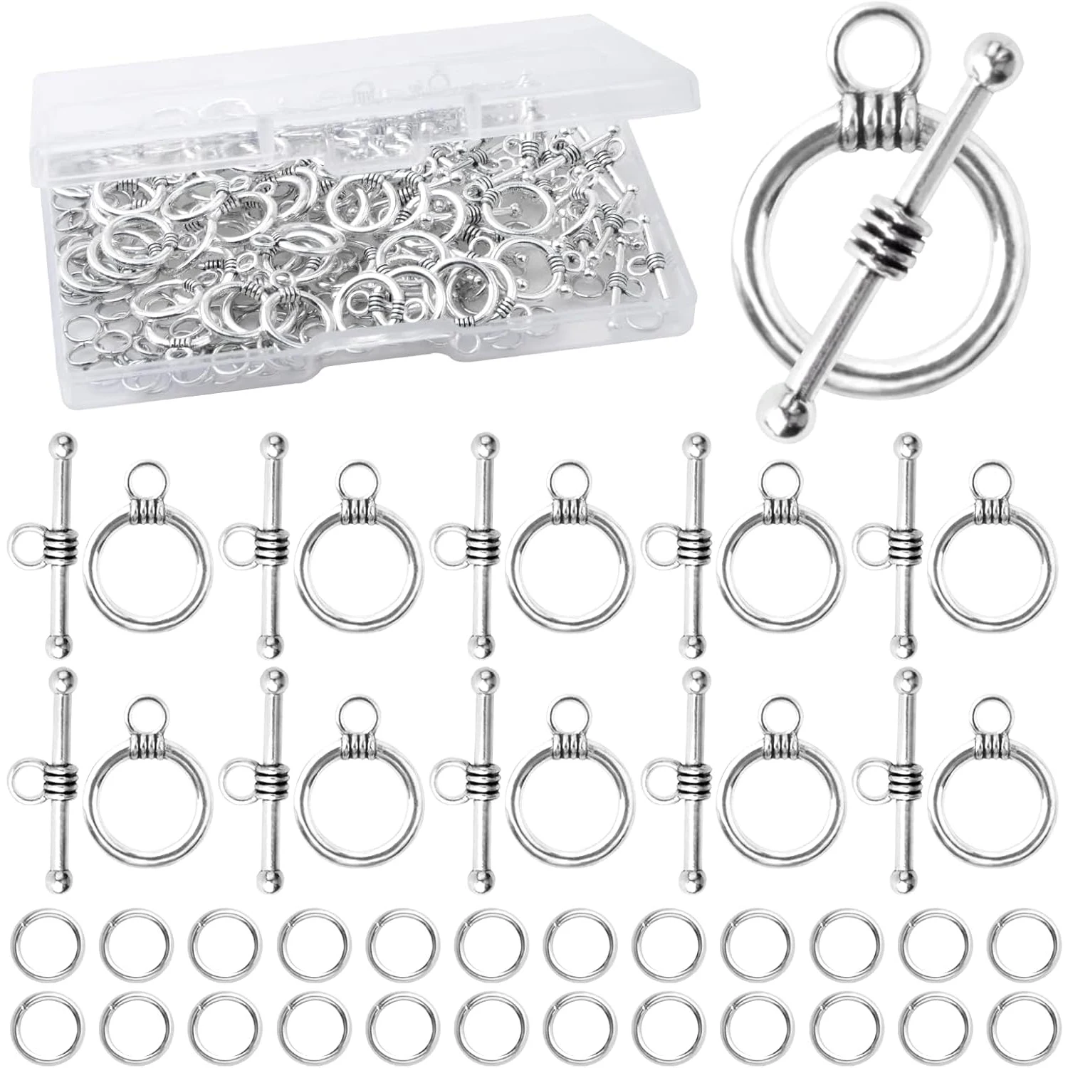 

50 Sets Toggle Jewelry Clasp Sets Metal Toggle Clasps Connectors Bar and Round Ring Clasps with 100pcs Open Jump Rings and a Box