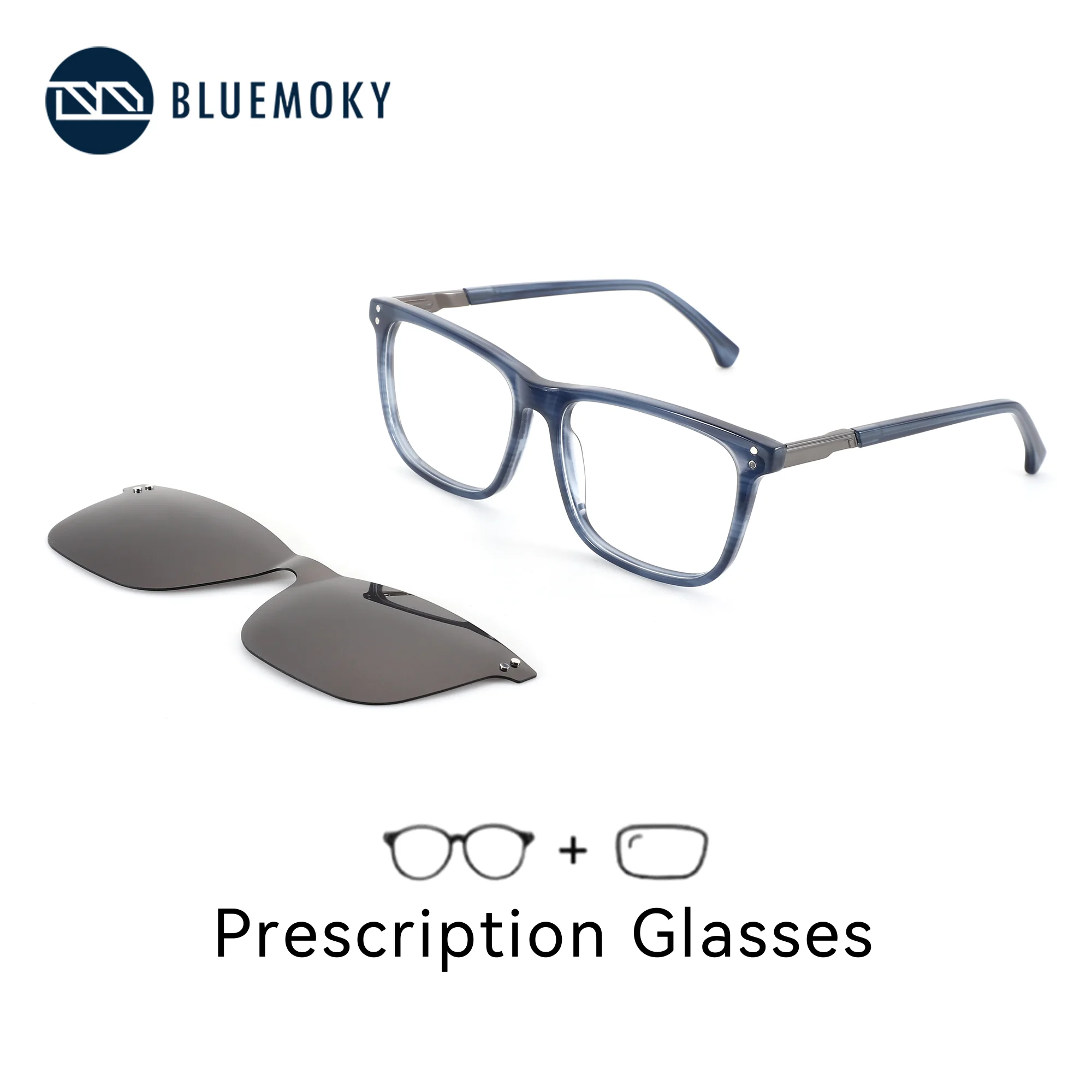 BLUEMOKY (M Size) Men's Square Acetate Clip on Prescription Glasses Anti Blue Light Progressive Optical Eyeglasses Myopia Lenses
