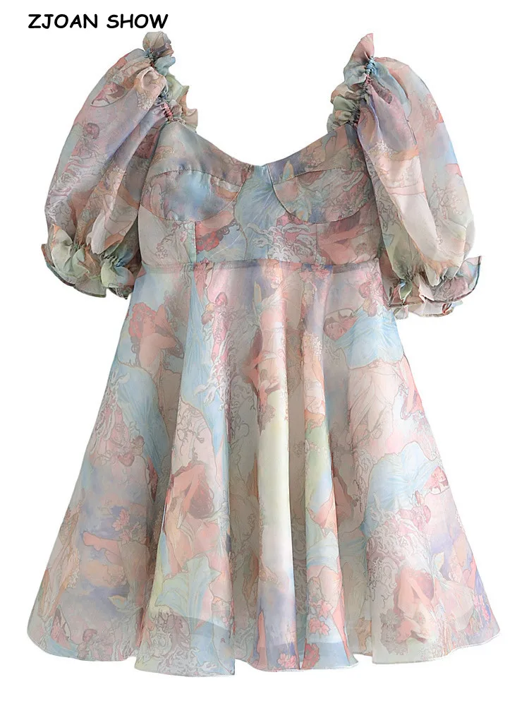 Sweet Princess Tie dye Girl Print Organza Ball Gown Dress Wood ears Puff Sleeve Retro Women Swing Short Dresses Fairy Cake Robe