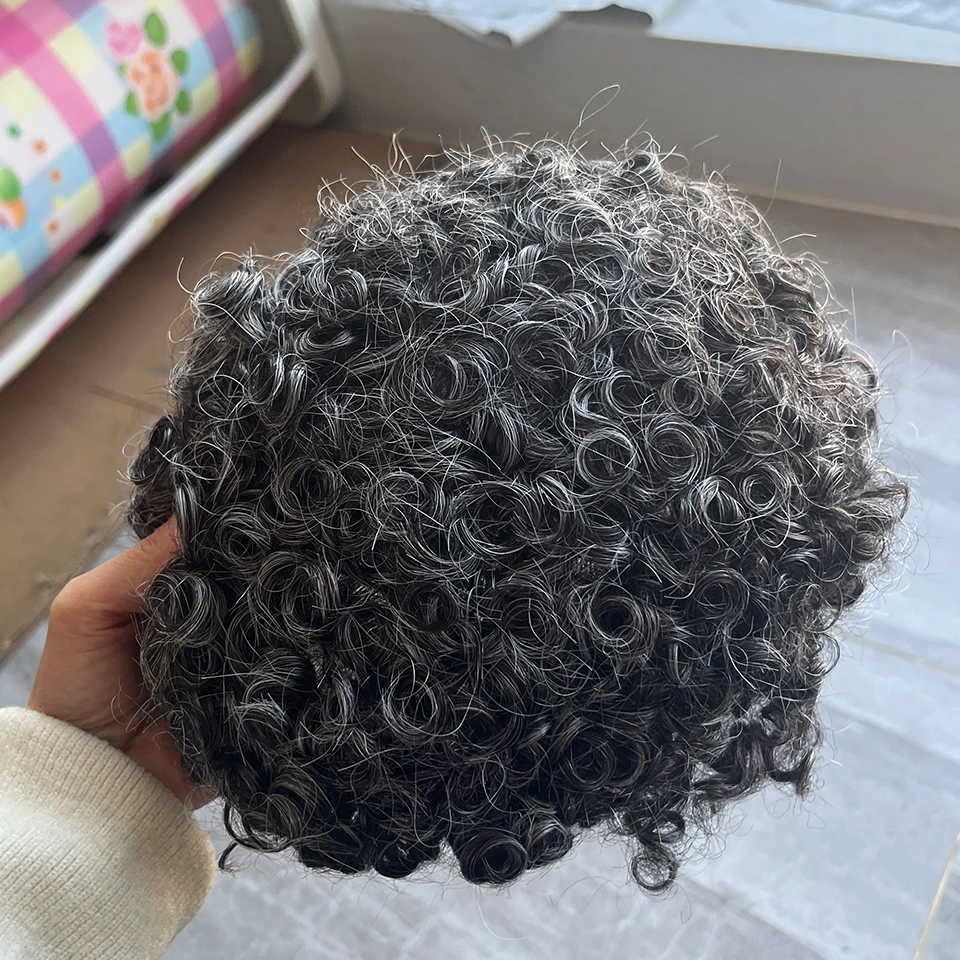 الأفرو رجل 1b80 رمادي أسود مجعد 12 مللي متر تصفيفة الشعر المستعار شعر الإنسان دائم الجلد الرجال الشعرية الاصطناعية نظام شعري طبيعي #3