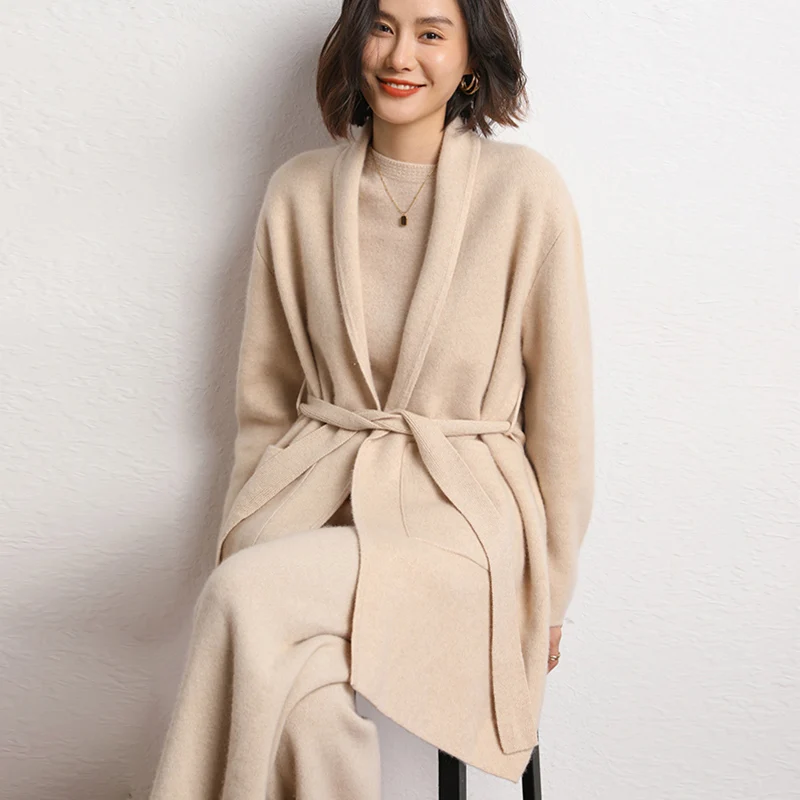 2024 Autumn Winter New 100% Cashmere Cardigan Knitted Sweater Women Loose Large Size Cardigans Female Solid Thicken Warm Jacket