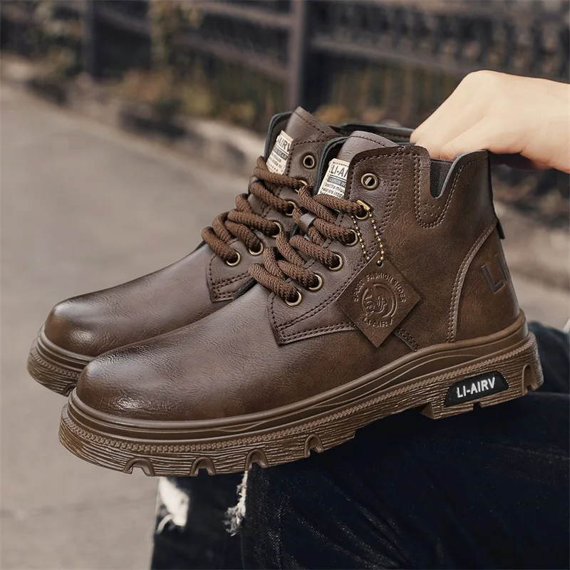 

2024 Men's Luxury Boots Trend Fashion Versatile Hiking Shoes Waterproof High Top Lace Up Anti Slip Hiking Shoes Black Flat Shoes