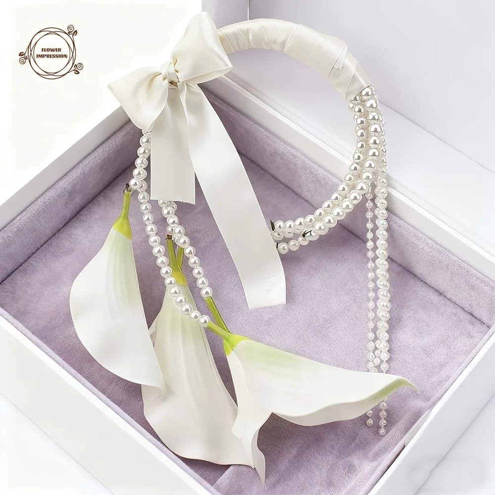 1pc Creative Handheld Artificial Bouquet White Faux Calla Lilies Garland for Party Decor Bride Holding Flower Wreath Decoration