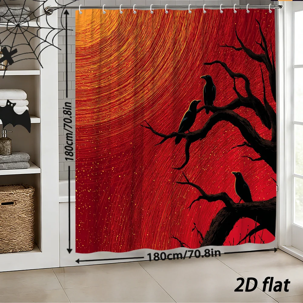 Polyester Bat Halloween Shower Curtain Dramatic Red Sunset Gothic Spooky Bathroom Decor Curtain Tapestry Fabric
