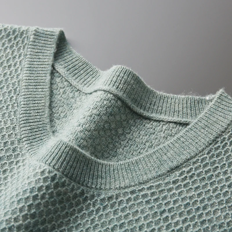 100%Merino Wool Knitted T-Shirt Men's Round Neck Honeycomb Needle Short Sleeve Vest Fashion Loose Jacquard Pullovers Summer Tops