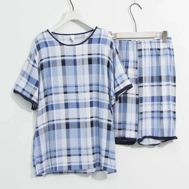 

new summer men plaid pajamas sets high quality plus size 6XL 7XL letter dot short sleeve sleepwear homewear comfortable pajamas