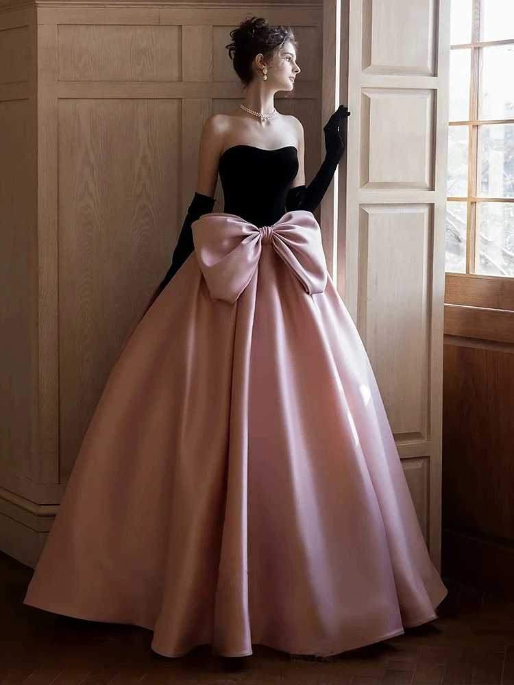 

Pink Evening Dresses A-line Strapless Black Gloves Bow Silk Ribbon Elegant Formal Party Prom Princess Quinceanera Gowns 2024