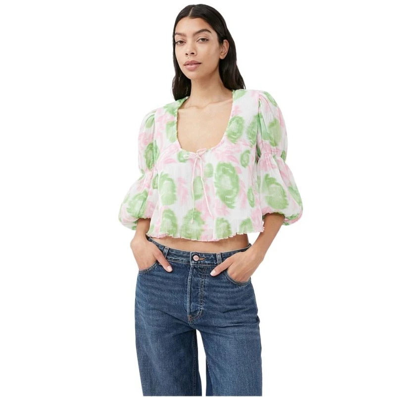 

New Women Summer Fresh Print U-shaped Collar HotSweet Bow Puff Sleeve Lightweight Short Shirts High Street Chic Tops Blouses