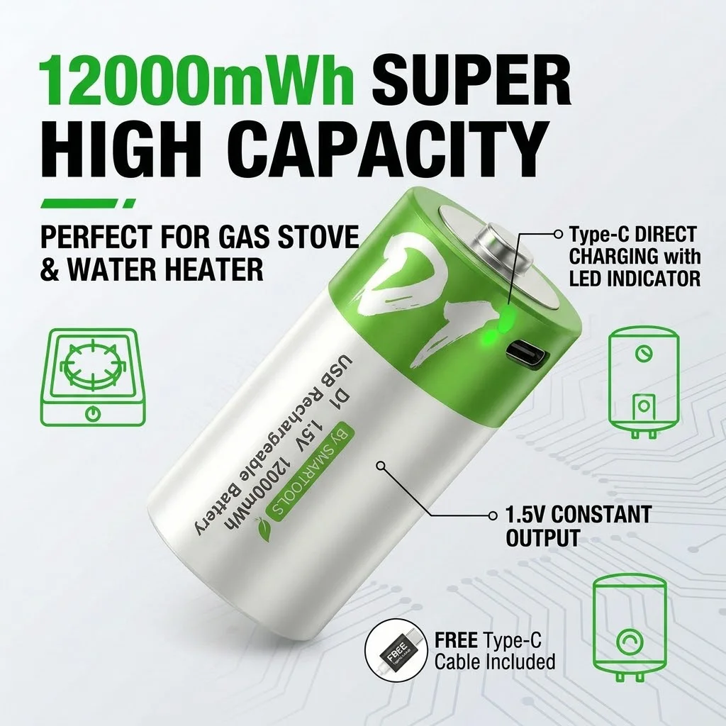 LR20 D1 1.5V 12000mWh USB Type-C перезаряжаемая литиевая батарея с портативным дизайном зарядки, подходит для газовой плиты, яркого фонаря и другого оборудования.