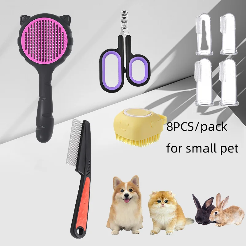 8pcs/set Pet Grooming Cleaning Beauty Dog Hair Removal Comb Set, Flea Comb, Pet Bath Massage Brush Nail Clippers Trimmers