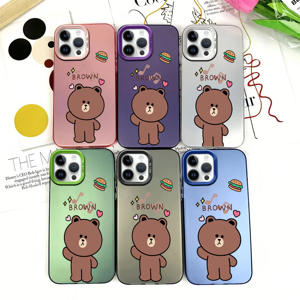 Phone Case for iPhone 12 11 13 14 15 16 Pro Plus IMD Plating Cover MINISO Cute L-Line F-Friends Bear B-Brown