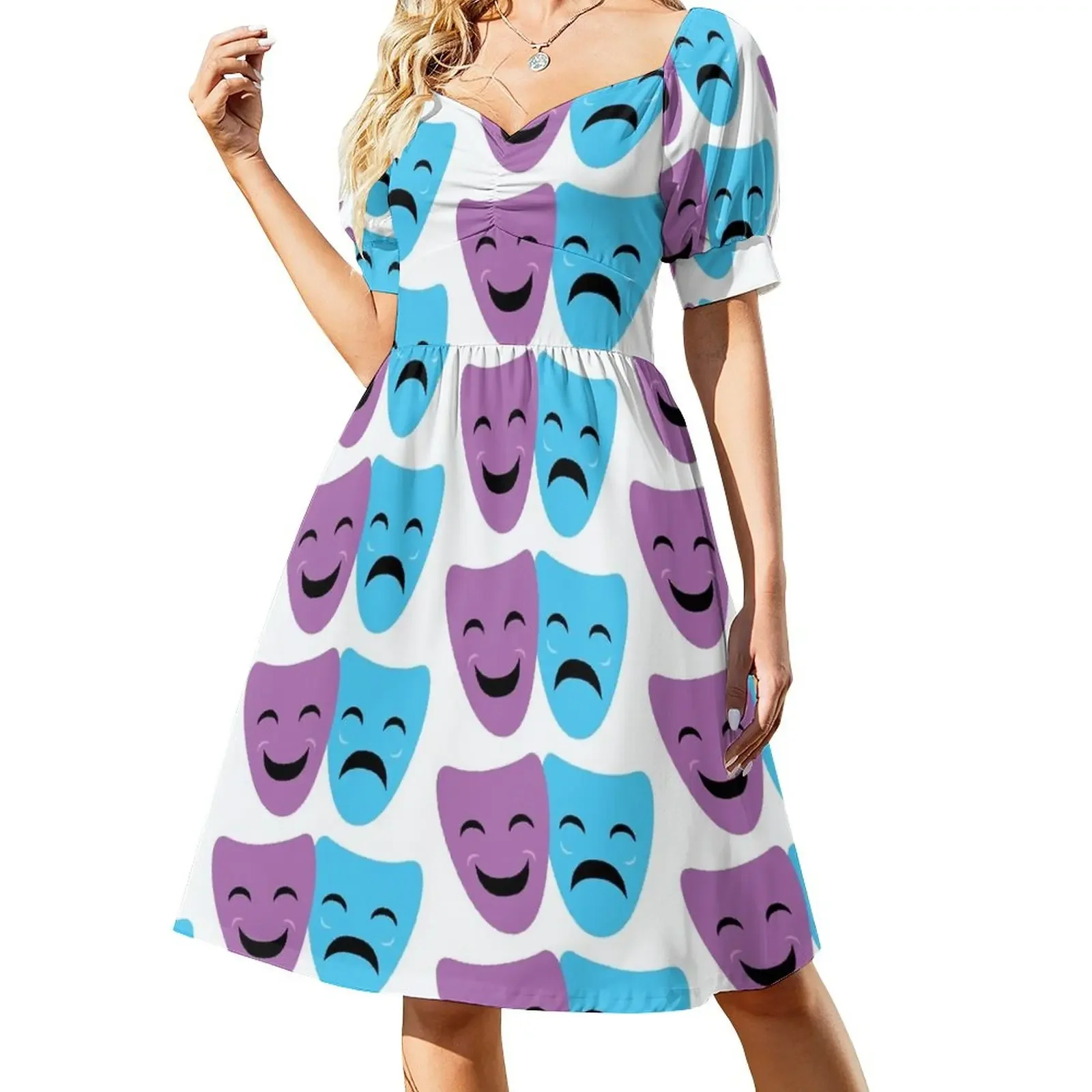 Blue and Purple Comedy and Tragedy Drama Masks Short-Sleeved Dress long dress women summer dress for women 2025