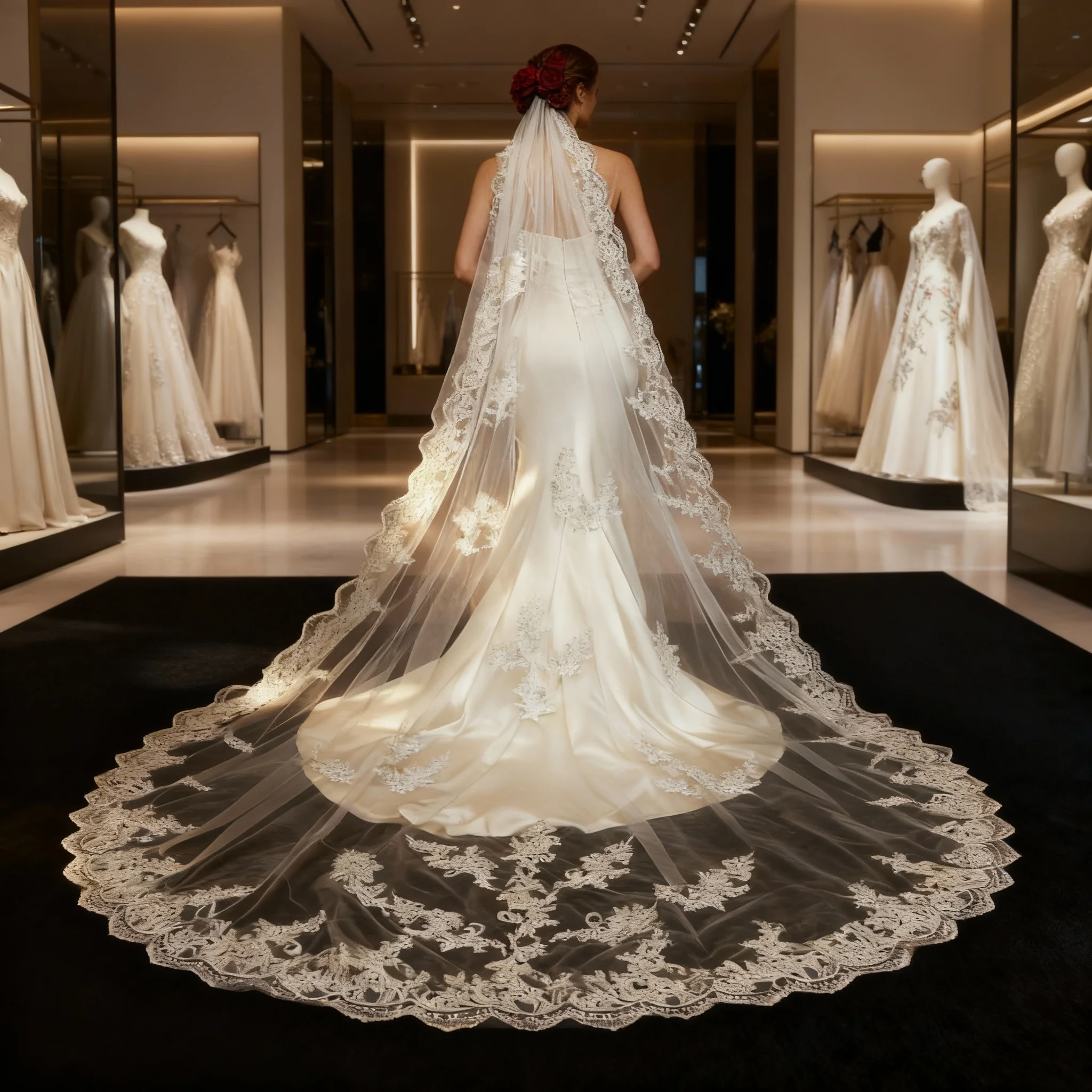 

[Veil&Vow] Фата из прозрачного тюля в соборе — роскошная свадебная фата со сложной цветочной вышивкой и зубчатым краем